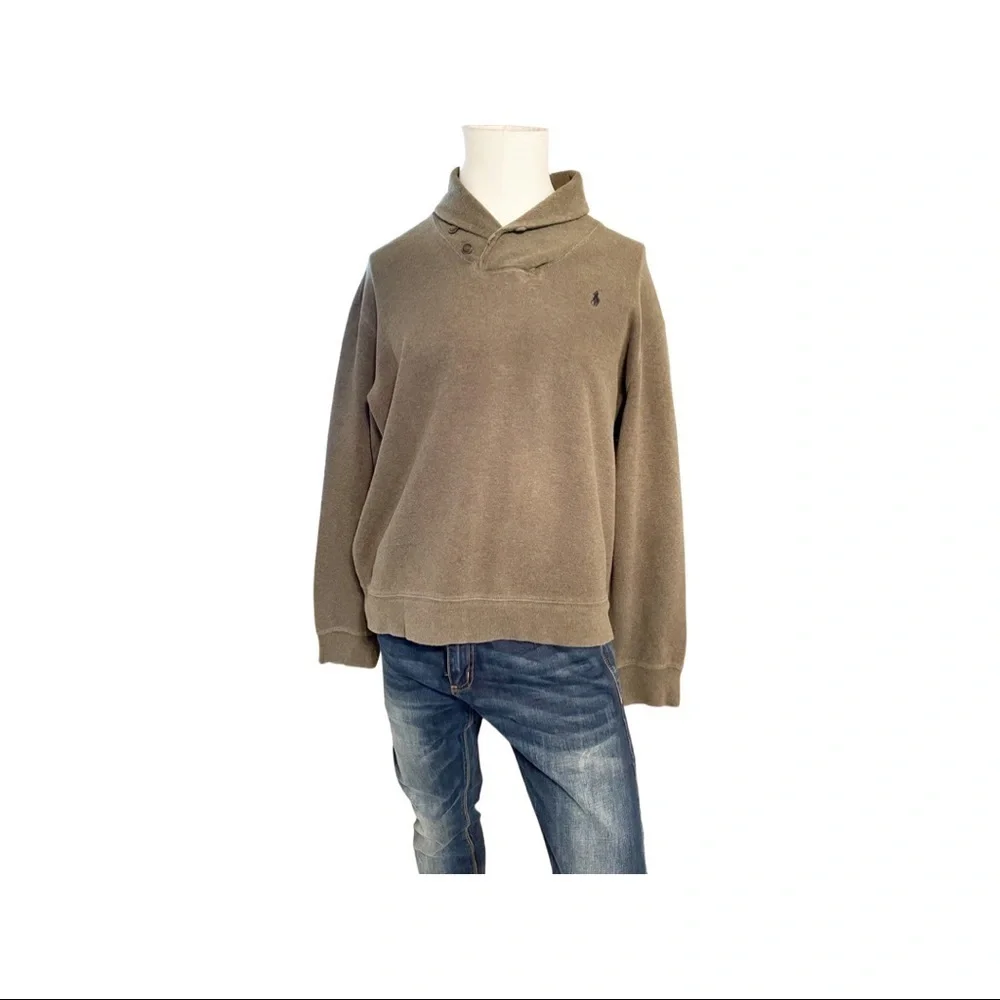 Ralph Lauren Polo Men olive Shawl two button neck sweater. Ribbed -Size XL